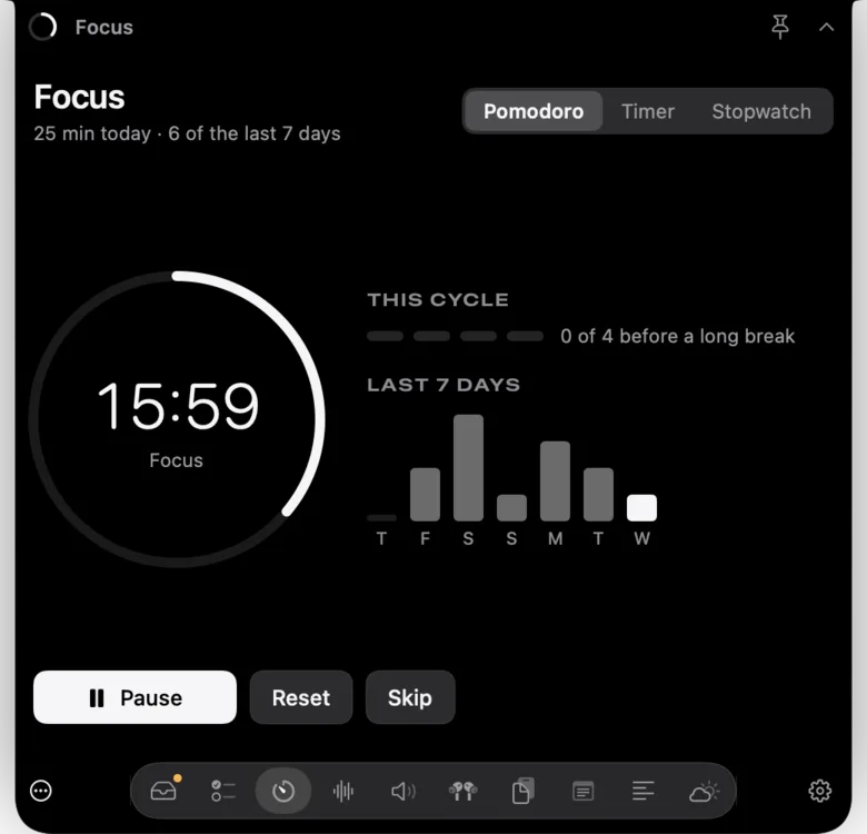 Notchbird's Focus section: a Pomodoro timer at 15:59 beside a chart of focus time over the last seven days.