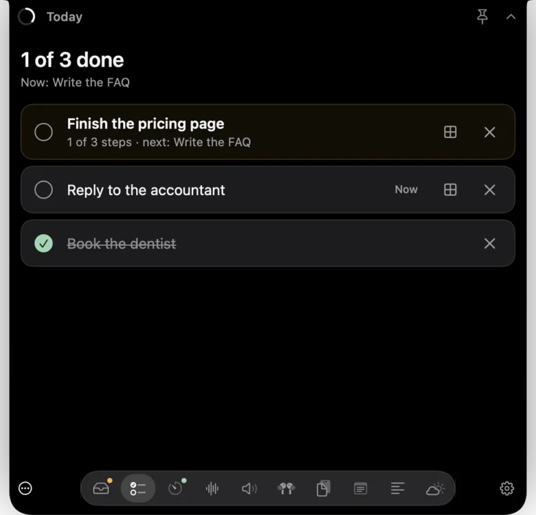 The Today section: three tasks, one done, with Finish the pricing page marked as the next step.